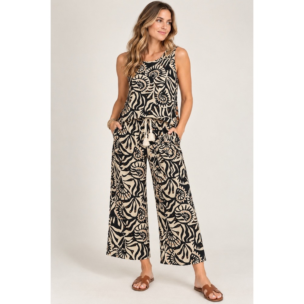Nicole Miller NY Linen Blend Matching Set Tank & Pants Boho Y2K Black Cream Med